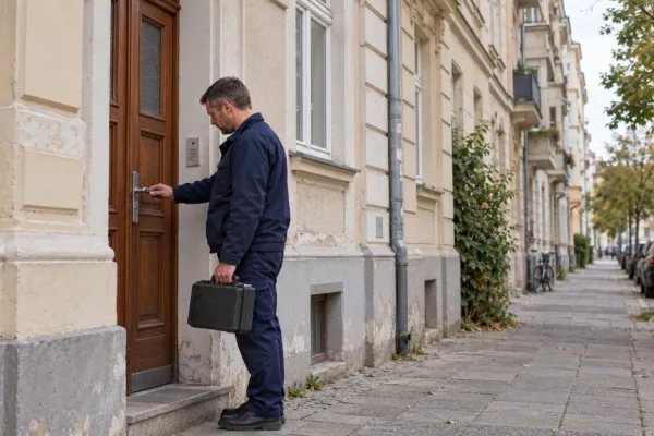 Schlüsseldienst-Mitarbeiter überprüft ein Türschloss an einer Altbau-Eingangstür in Halle (Saale)
